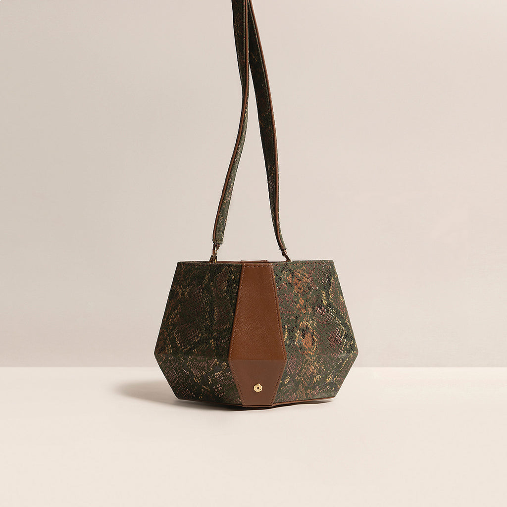 Stylish small bag, magnetic flap closure, brown leather strap, Snake textured foil on Moss Green Suede and matte goat skin leather